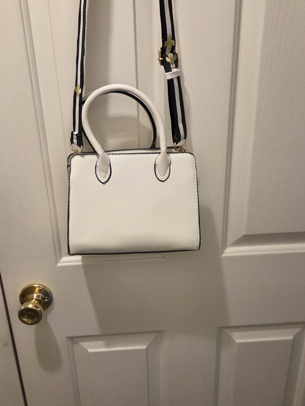 White Satchel with Gold Bee Accent and Removable Striped Strap - Picture 3 of 4